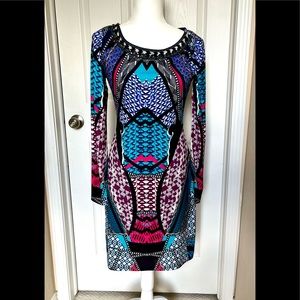 Hale Bob cocktail dress. Puccini like print, black rhinestone trim on neckline.